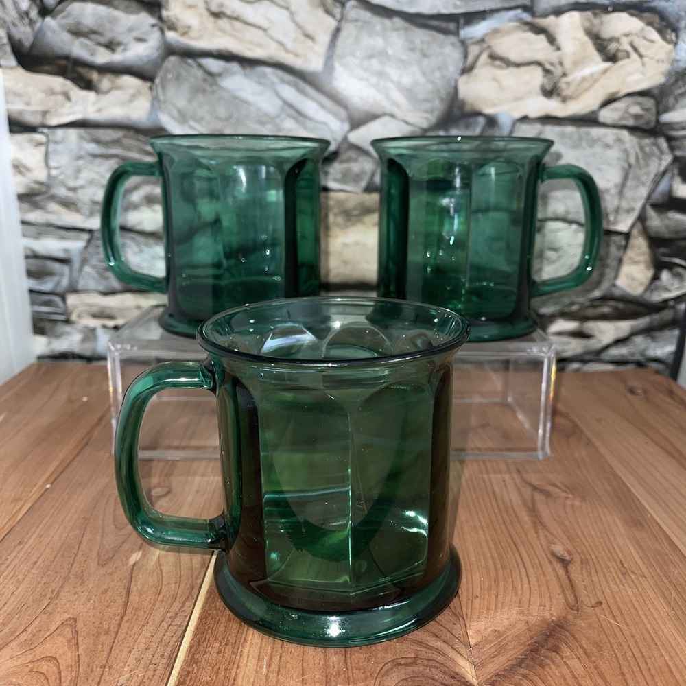 3 Culver Green Glass Mugs MCM Faceted Flared Rim Emerald VTG Made In USA